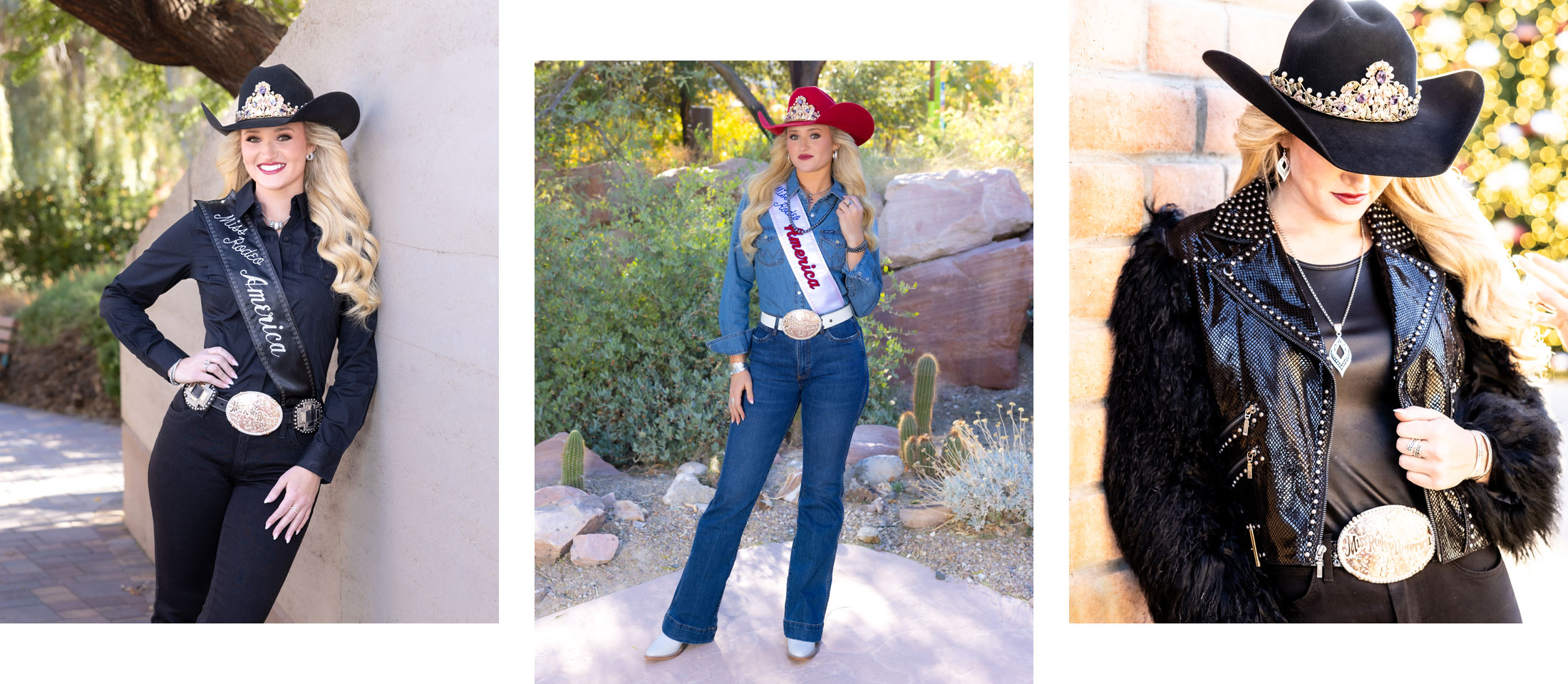 A photo montage of Miss Rodeo America 2025 wearing western attire.